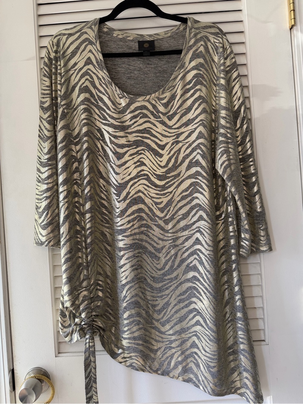 JM Collection Metallic Zebra-Print Scoop Neck Tunic in Silver and Cream